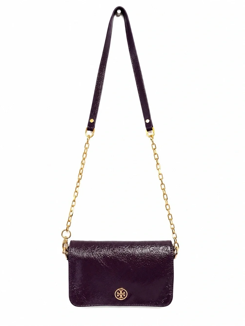 Tory Burch Convertible Crossbody Bag in Deep Plum with Gold Chain